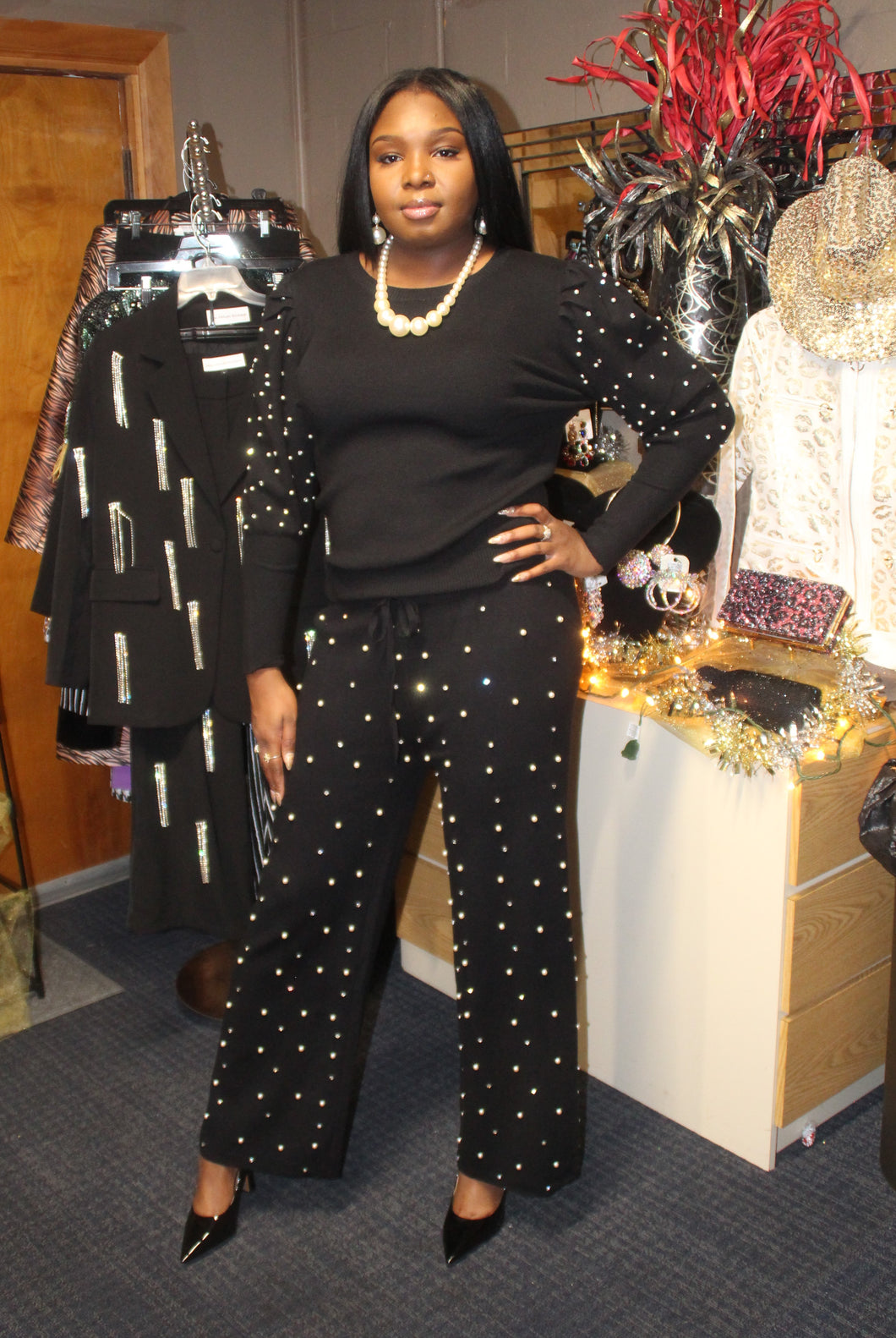 Black Pearl and Rhinestone Knit Set