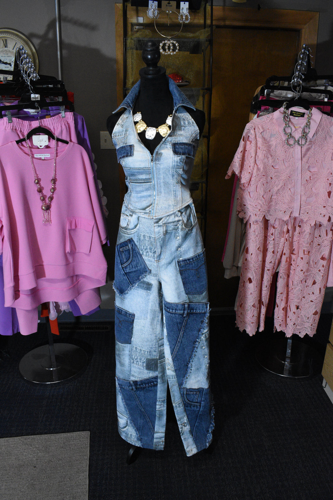 Denim Patch Two Piece Halter Set