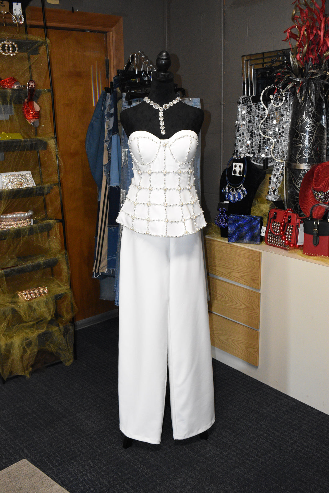 White Rhinestone Two Piece Set